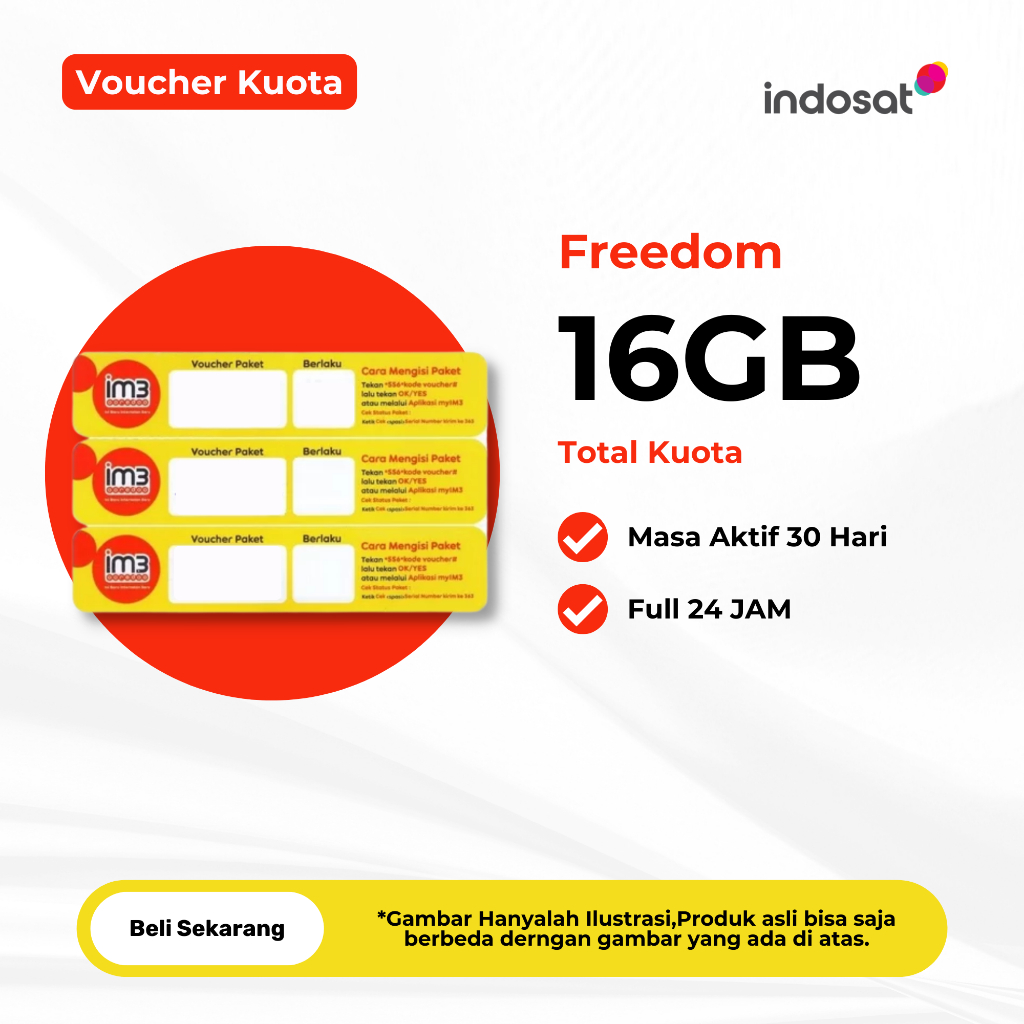Jual Voucher Indosat Freedom 16GB 30 Hari Full 24 JAM - Voucher IM3