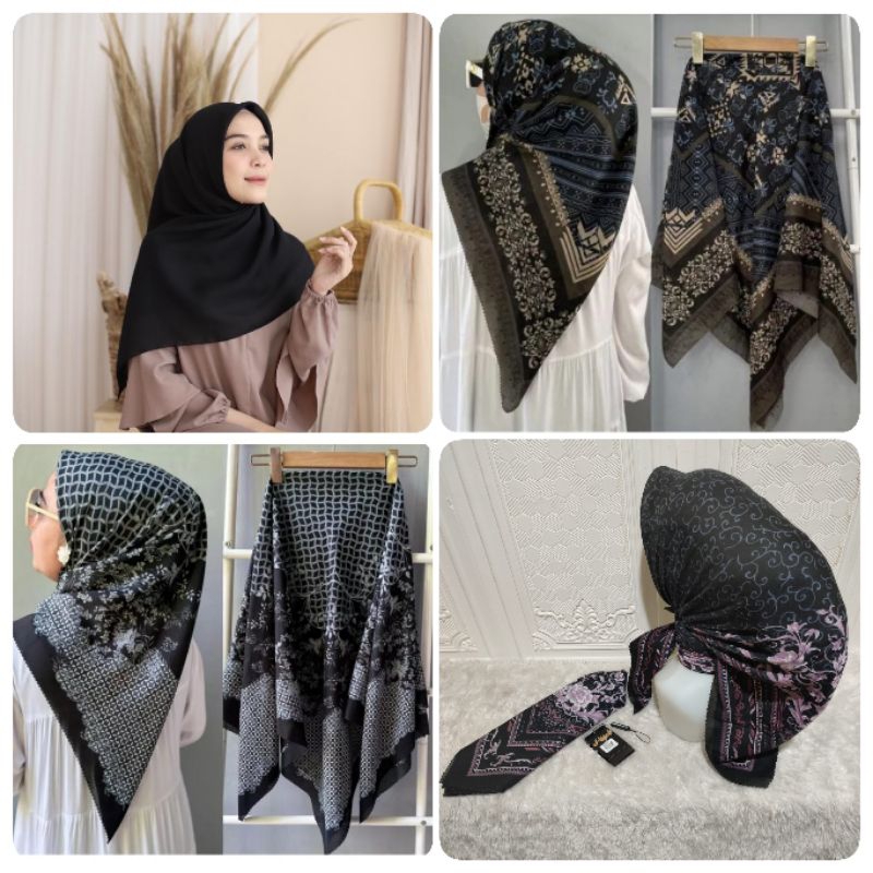 Jual JILBAB SEGIEMPAT VOAL MOTIF BLACK EDITION / HIJAB HITAM PUTIH