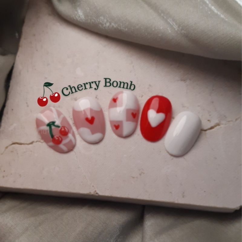 Jual cherry bomb nails / cherry nails / press on nails / fake nails