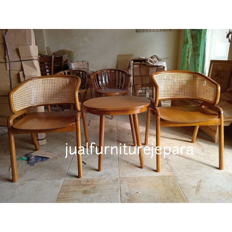 Jual Kursi Teras Minimalis Scandinavian Kayu Jati Mix Rotan Set Kursi