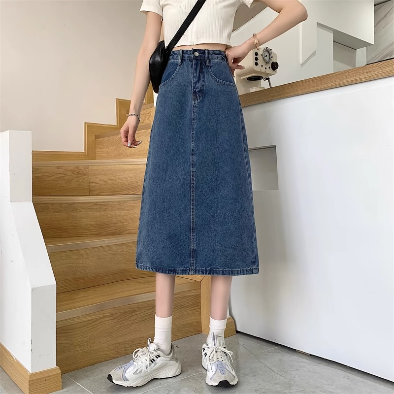 Jual COD Rok denim split gaya Korea rok a-line wanita berpinggang ...