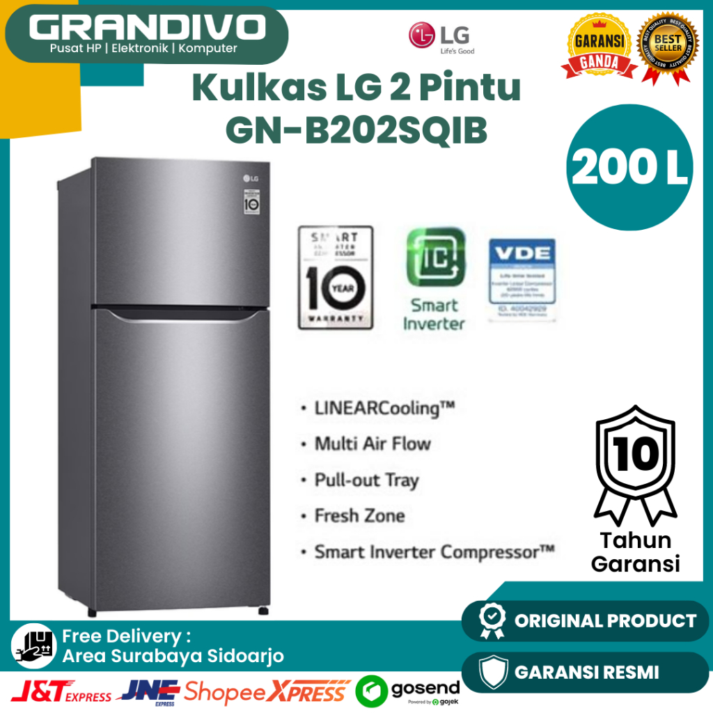 Jual Kulkas LG 2 Pintu 202 Liter Smart Inverter Compressor GN B202SQIB ...