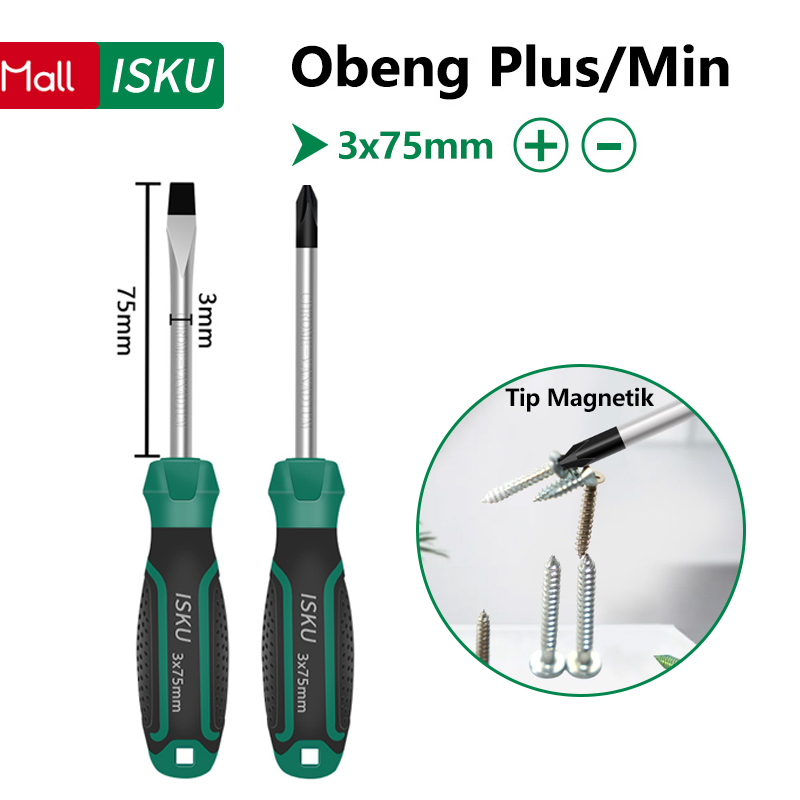 Jual ISKU Obeng Set 2pcs 3*75mm Plus Minus Screwdriver Set Tip Magnetik ...