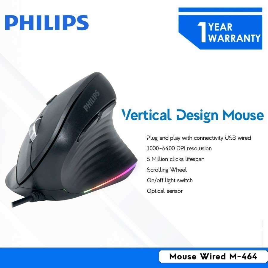 Jual mouse usb Philips M464 Mouse Wired Vertical M-464 RGB Light Switch ...