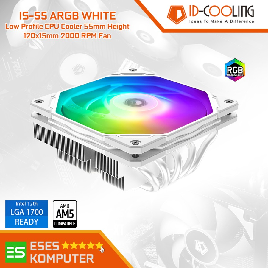 ID-COOLING IS-55 ARGB CPU-koeler, laag profiel, 57 mm hoogte, CPU- luchtkoeler, ARGB 5 heatpipes, 120 x 120 x 15 mm, smalle ventilator, CPU- ventilator voor Intel LGA1700/115X/1200; AMD AM4/AM5, voor