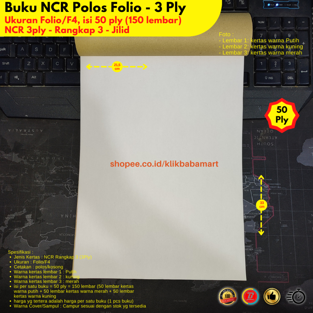 Jual BUKU NCR POLOS KOSONG RANGKAP 3 PLY UKURAN F4 FOLIO PUTIH KUNING ...