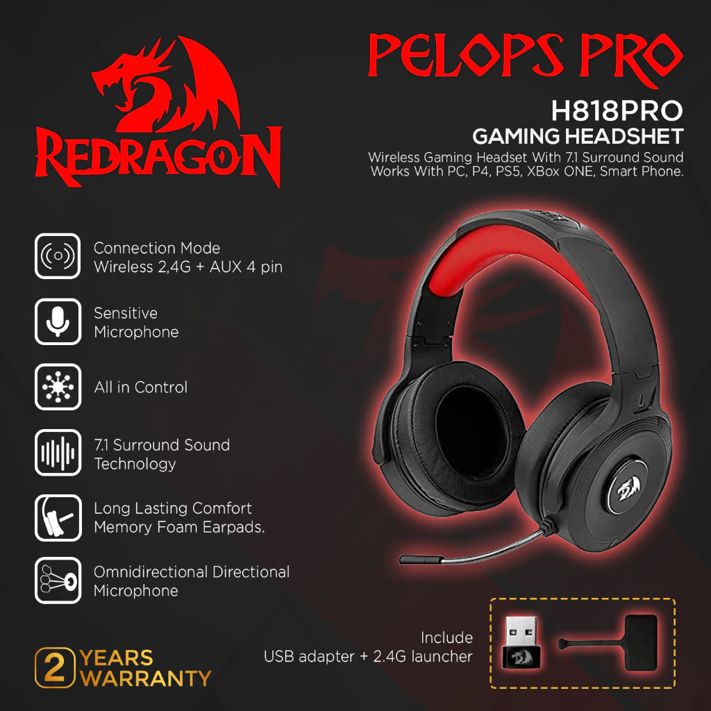 Redragon Wireless Gaming Headset 7.1 Surround PELOPS PRO - H818PRO