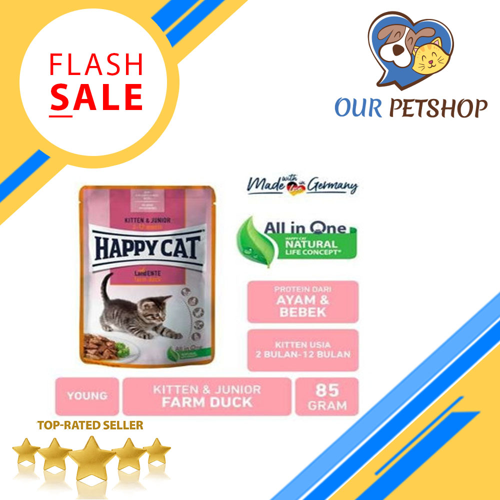 Jual Makanan Kucing Basah HAPPY CAT KITTEN & JUNIOR FARM DUCK 85 gr ...