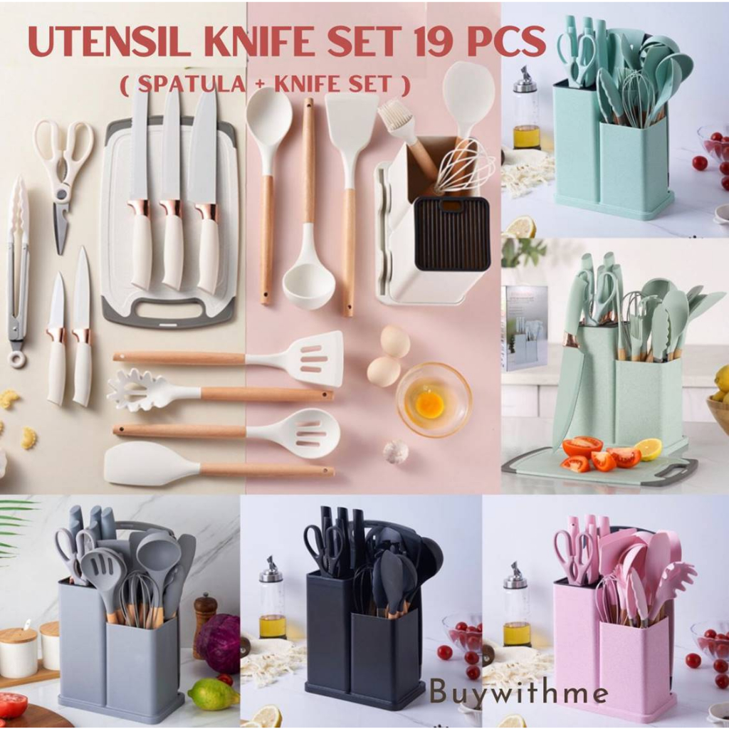 Kitchen Spatula Pisau Set 19 in 1 Dengan Wadah Berkualitas / Talenan, Pisau, Pengupas, Gunting Dapur Set / Pisau Set / Spatula Set