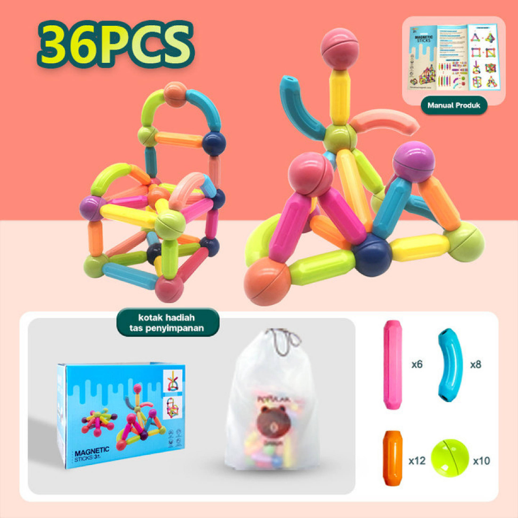 Jual FUNTOY 25/36/42/64 DIY Mainan Magnet Stick Balls Magnetic Building ...