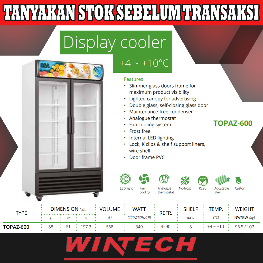 Jual RSA TOPAZ-600 Showcase 2 Pintu Display Cooler Lemari Kaca ...