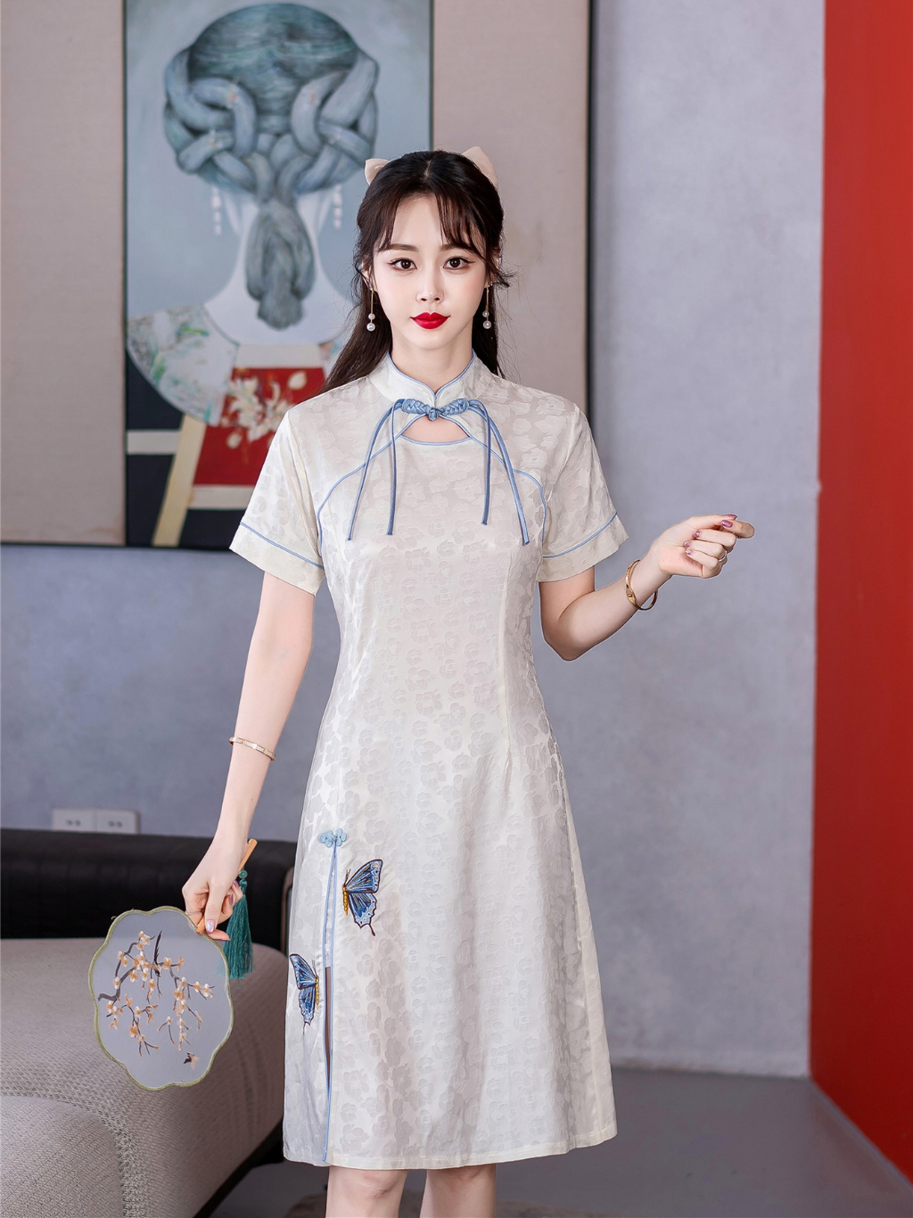 Women's Midi Dress A Line Dress Elegant Stylish Basic Vacation Party Work Regular Fit Plain 3/4 Length Sleeve V Neck Apricot