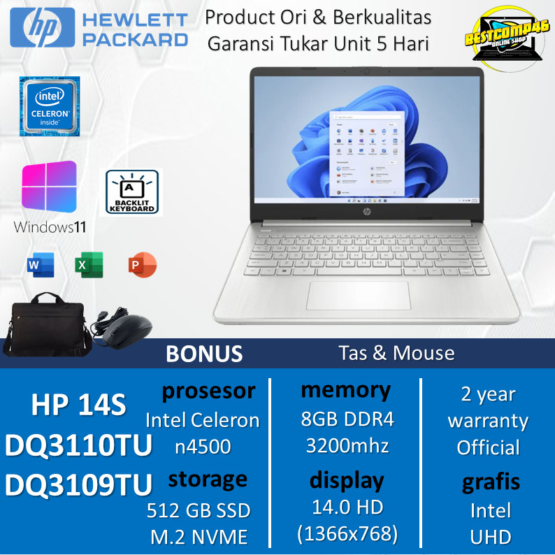 LAPTOP HP 14s-DQ3109TU | CELERON N4500 4/512 UHD 14