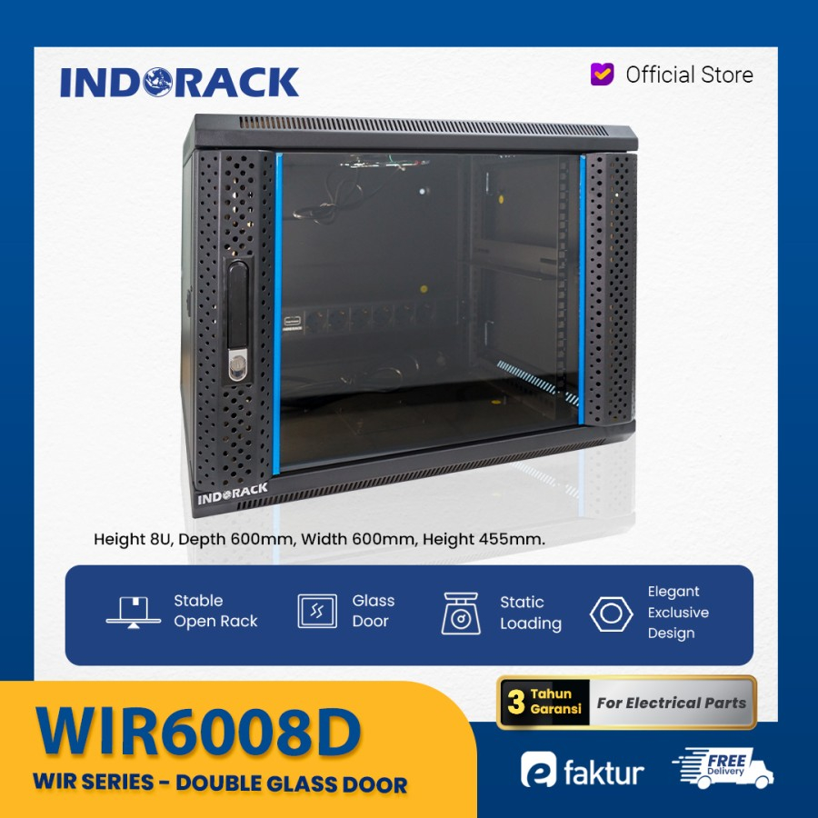 Jual WIR6008D INDORACK Depth 600mm 8U Wallmount Rack Double Glass Door ...