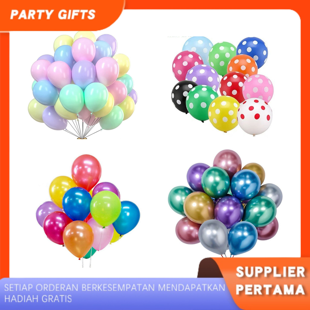 Balon Latex Mix 12 Inch Metalik Doff Macaron Chrome Polkadot isi 10Pcs