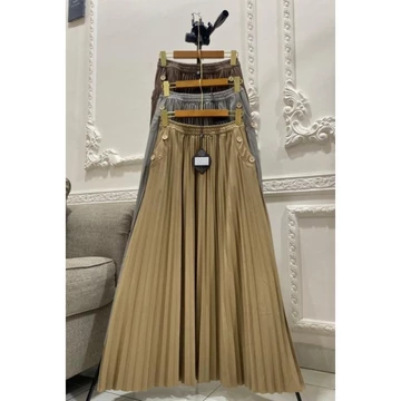 Rok Plisket Wanita RANIA Kantong Kancing Premium Allsize Fit L–XXL Rok Panjang A Line Adem