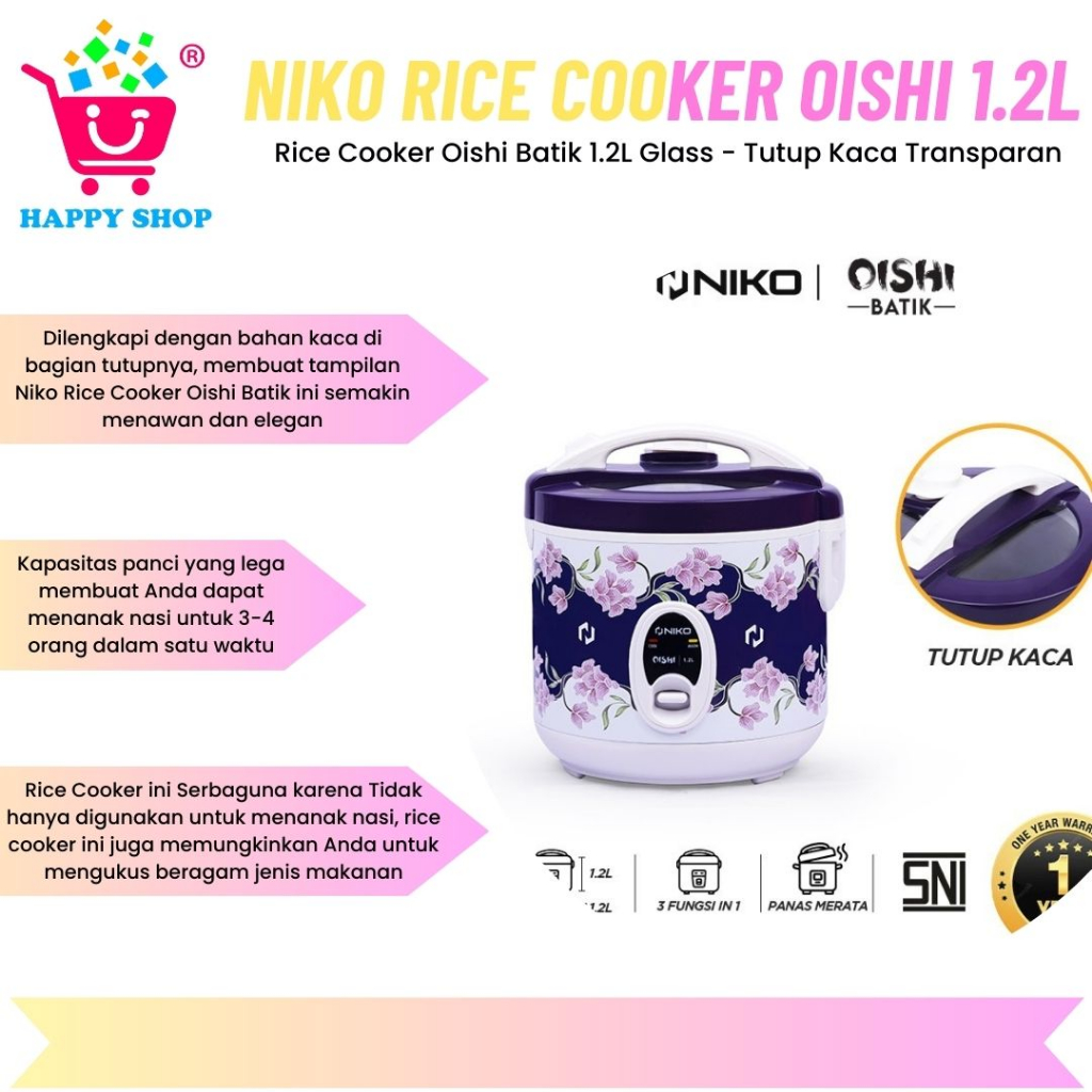 Jual Niko Rice Cooker Oishi Batik 1.2L Glass - Tutup Kaca Transparan ...