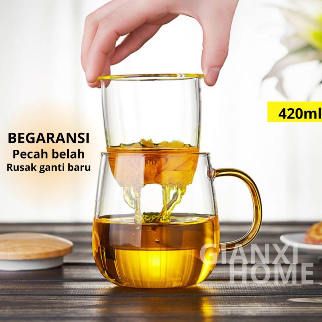 Jual Gelas Kaca Saringan Teh Cangkir Seduh Rempah Herbal Jamu Tutup Kayu Tahan Panas Api 5282