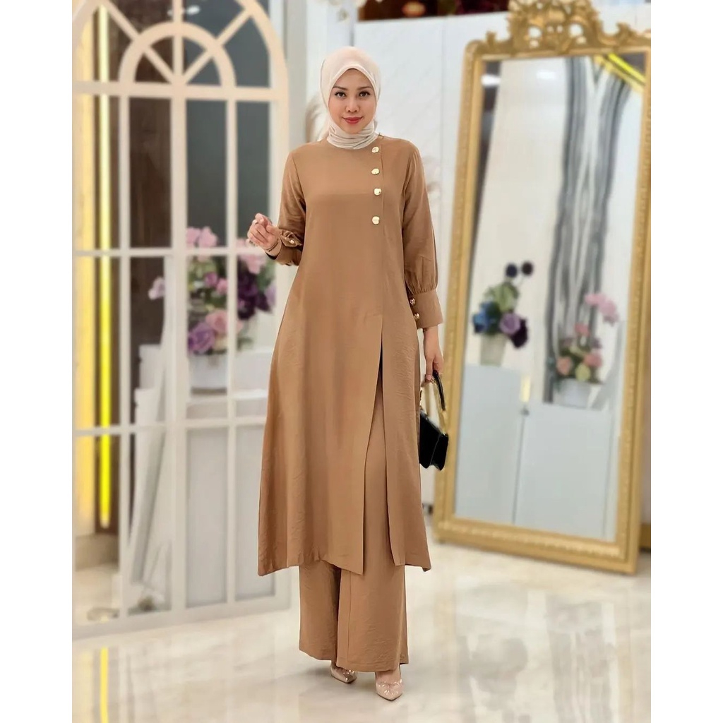 Jual One Set Tunik Celana Terbaru Set Muslim Wanita Matt Crinkle Kekinian Ootd Wanita