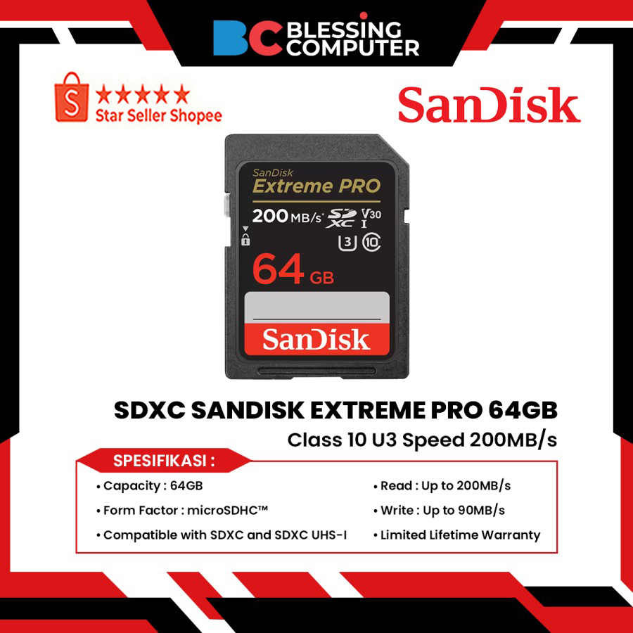 Jual SDXC SANDISK EXTREME PRO 64GB Class 10 U3 Speed 200MB/s | Shopee ...