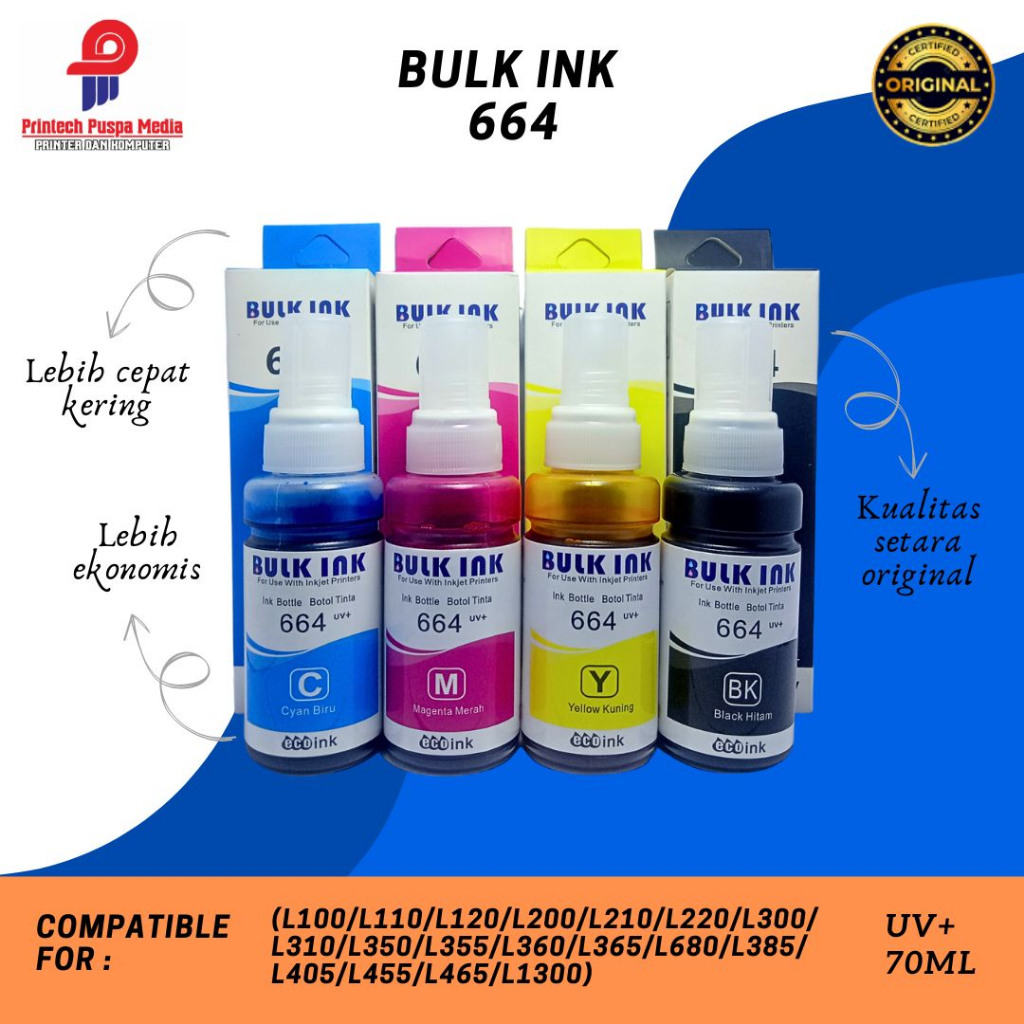 Jual Tinta Epson 664 Original Bulk Ink L121 L120 L360 L310 L220 L210 L300 L200 L1300 Aman Untuk 8404