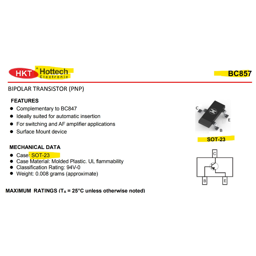 Jual BC857B 45V 100mA PNP Bipolar Transistor BC857 3F SOT-23 Hottech ...