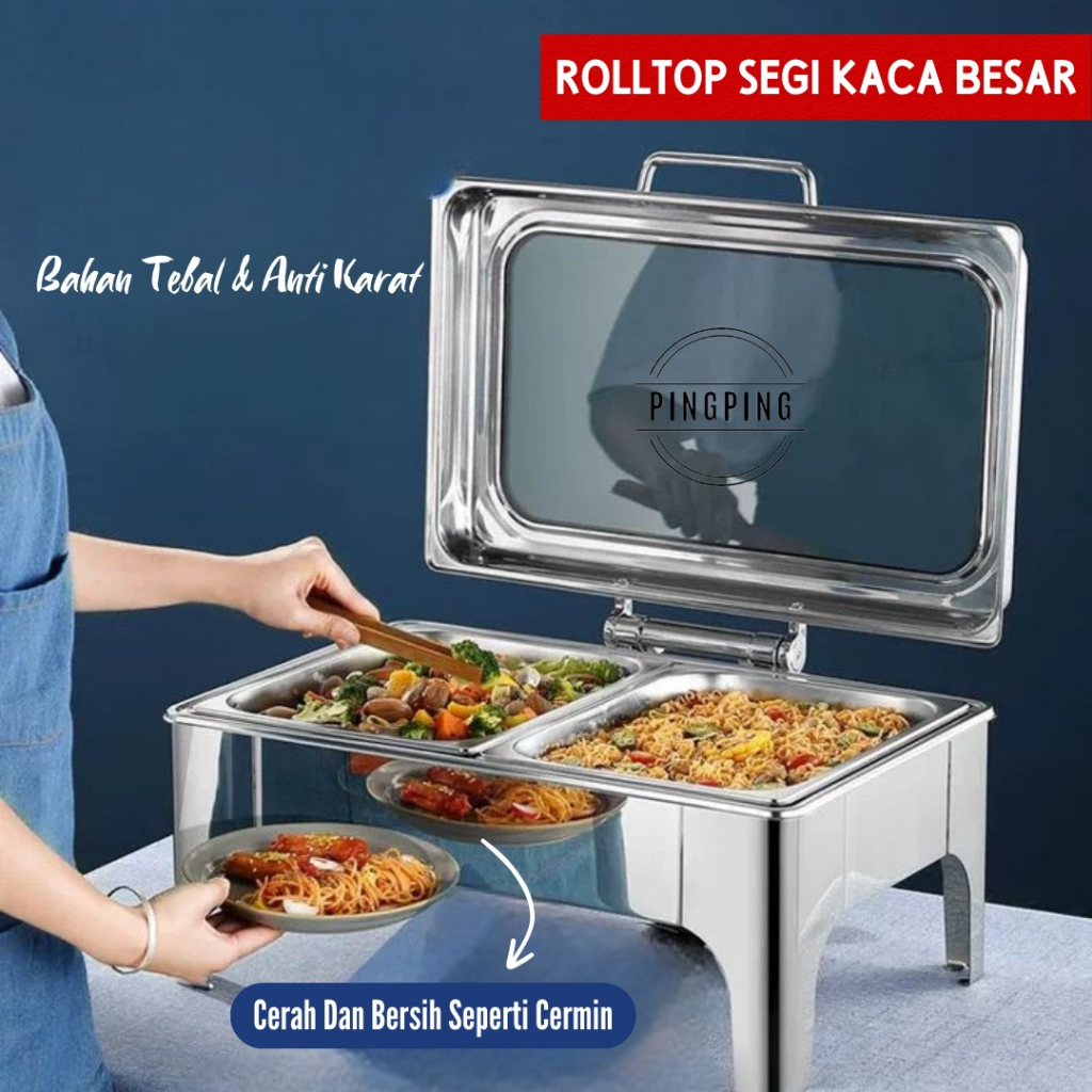 Jual Chafing Dish / Rolltop Segi Kaca Catering Stainless Steel 9 L /set
