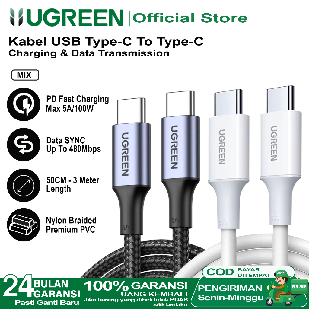 Jual UGREEN Kabel Data Type C To Type C 5A 100W Fast Charging | Shopee ...