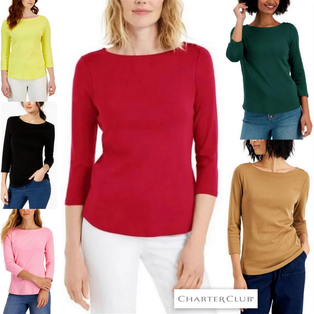 Mode Republic - Pima Cotton Button-Shoulder Top - Business Casual Blouse - Atasan Blouse Kerja Wanita Lengan 3/4 Korean Style Premium Elegan - Outfit Atasan Daily Wear Wanita Mewah kekinian - Blouse Kantor Wanita Branded Original Terbaru