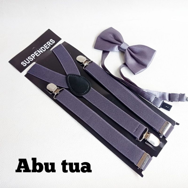 Jual PAKET SUSPENDER DAN DASI KUPU KUPU PRIA WANITA DEWASA ABU TUA