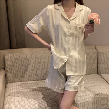 Ringan Adem Baju Tidur Wanita Dewasa Kyara Short Sleepwear Piyama Set Satin Silk Setelan Garis