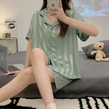 Ringan Adem Baju Tidur Wanita Dewasa Kyara Short Sleepwear Piyama Set Satin Silk Setelan Garis