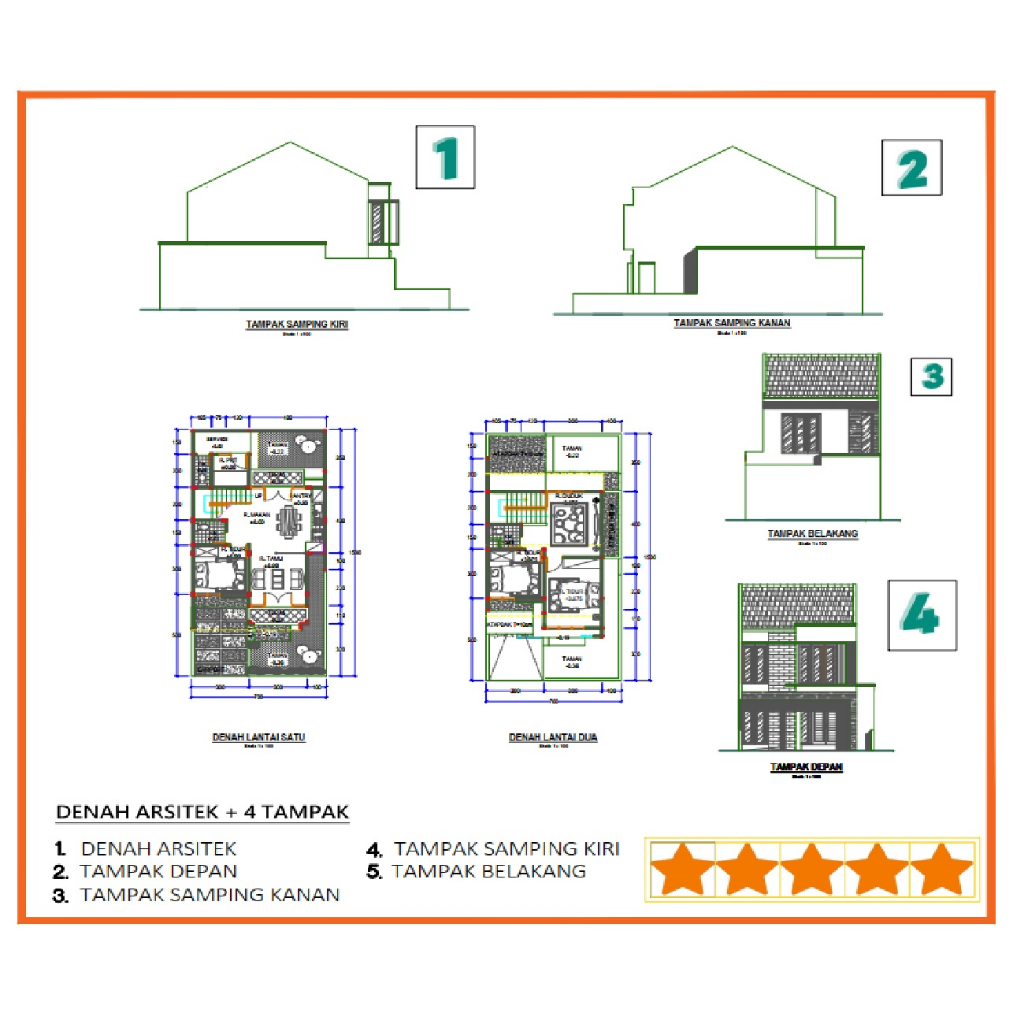 Jual [ DENAH ARSITEK & 4 TAMPAK] Jasa desain denah gambar rumah