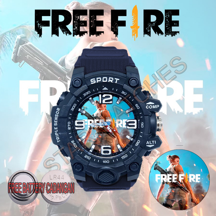 Jam Tangan Anak Laki Laki Sport Karakter Free Fire Hitam Anti Air FREE  Battery Cadangan