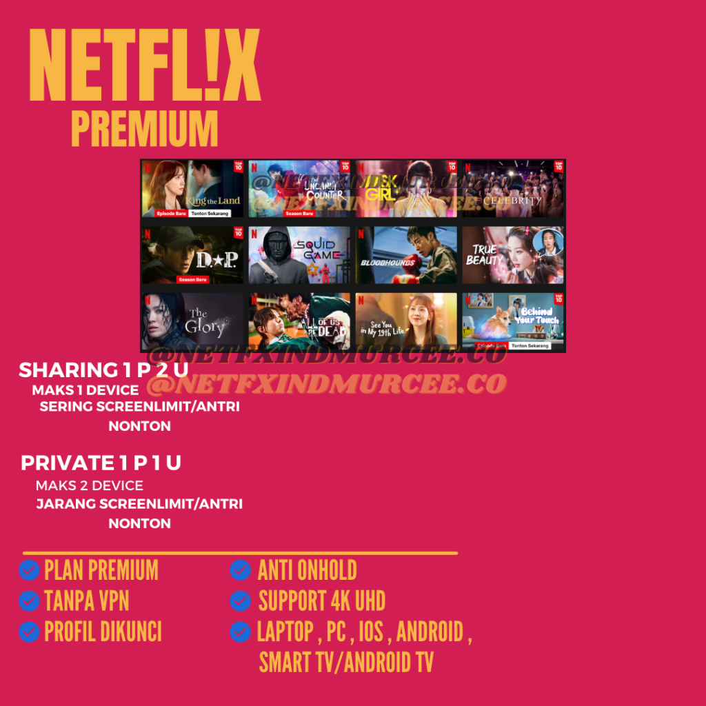 Jual NETFLIXX PREMIUM SHARING PRIVATE 4K ULTRA HD 1 BULAN BERGARANSI NO