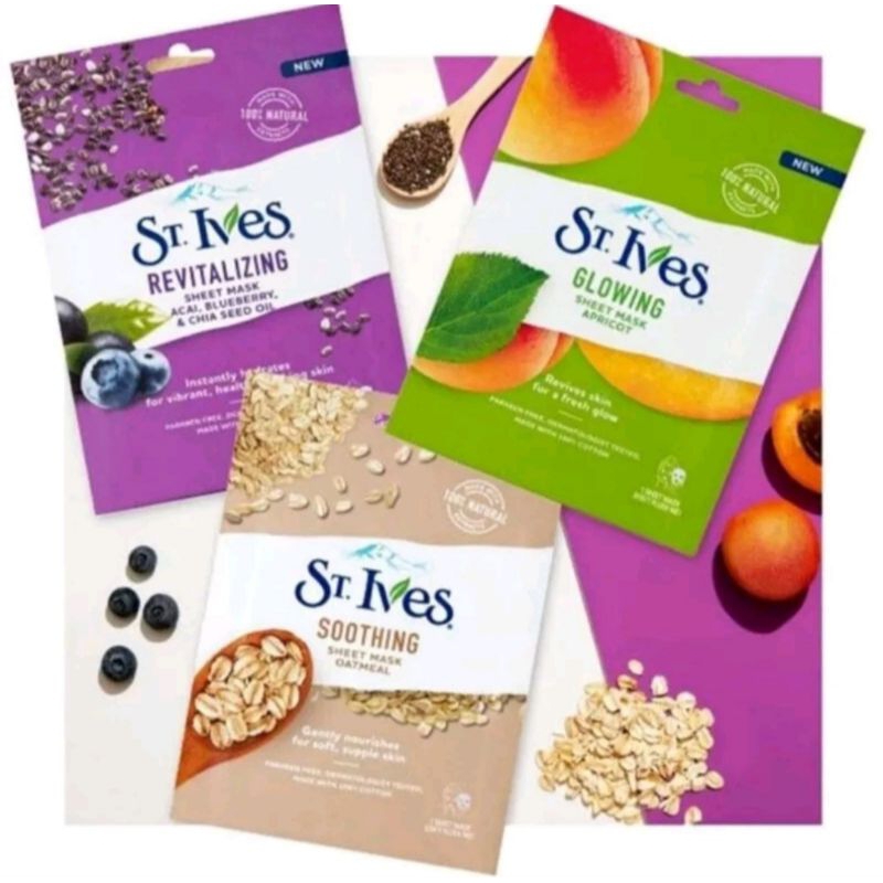 Jual ST. IVES MASKER / ST. IVES REVITALIZING / GLOWING SHEET MASK / OATMEAL / APRIKOT