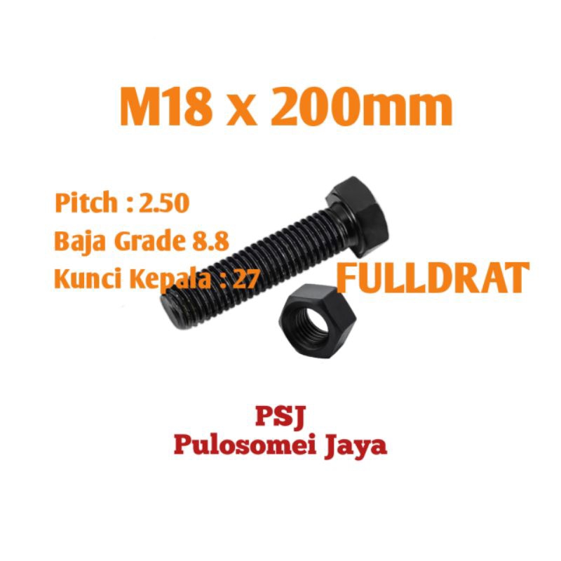 Jual Baut Mur Baja 8.8 M18 X 200 / High Tensile Bolt Grade 8.8 (FD ...