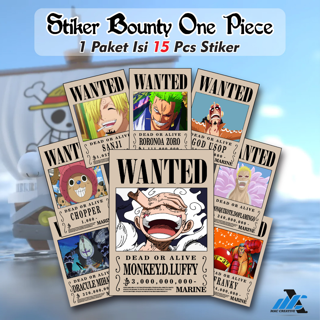 Jual 15 Pcs Stiker Bounty One Piece Stiker One Piece Wanted 1 Set Kru Isi 15 Pcs Sw 1681