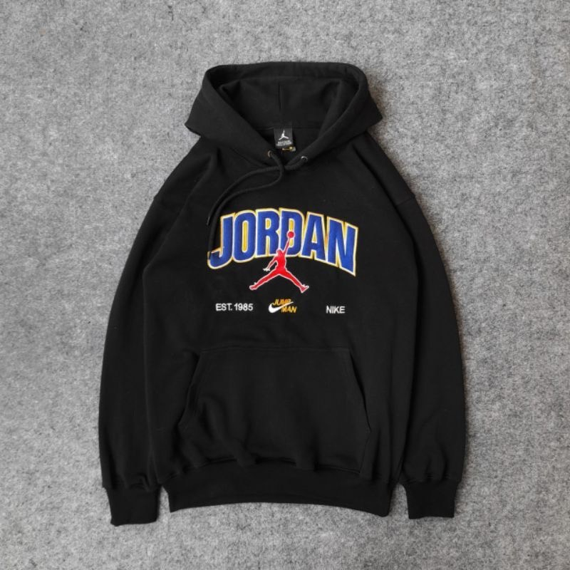 Jaket Sweater Hoodie Black Jordan x Nike Est. 1985 Logo Bordir Premium High QualityDistro Full Tag Label