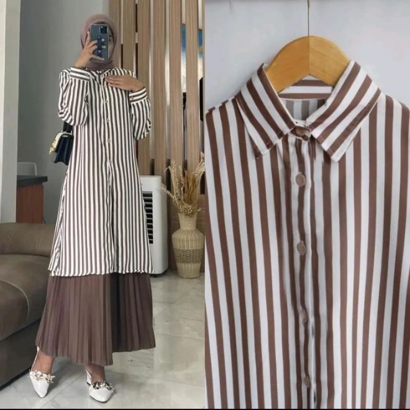 Jual Long Tunik Dewasa Kemeja Salur Wanita Rayon Shopee Indonesia