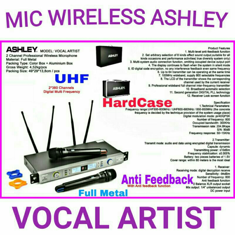 Jual Mic wireless Ashley Vocal Artist original anti Feedback UHF freq