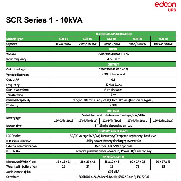 Jual UPS Edcon SCR Series 1 KVA Smart true on-line dilengkapi LCD ...