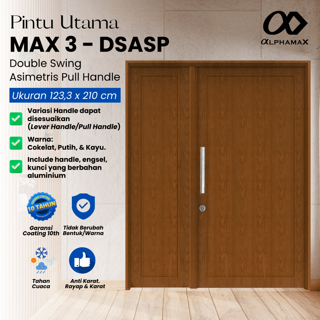 ALPHAMAX Max 3-DSASP Pintu Rumah Pintu Kamar Pintu Pembatas Pintu Taman Pintu Aluminium Full Panel Double Swing Asimetris Pull Handle 123,3 x 210 cm