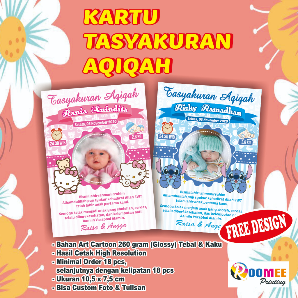 Jual Cetak Kartu Aqiqah Kartu Tasyakuran Aqiqah Bahan Tebal Glossy Free Design Shopee 4507