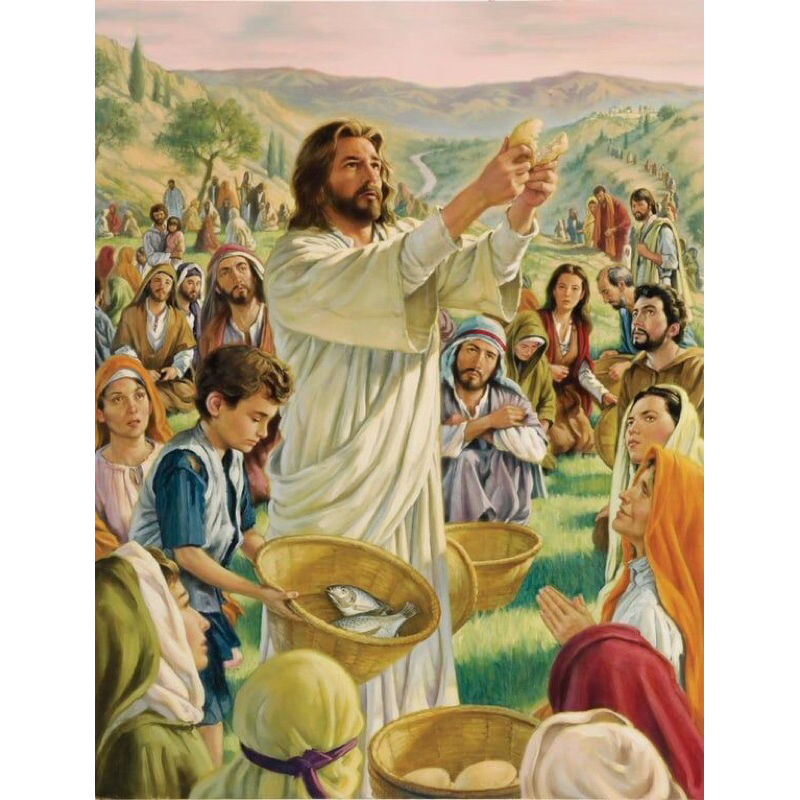 Jual hiasan dinding gambar Yesus membagikan roti Dan ikan 5000 orang