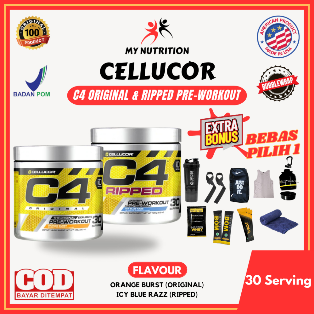 Jual Cellucor C4 Original dan Ripped 30 Serving Suplemen Pre Workout PWO Fitness Gym Membakar