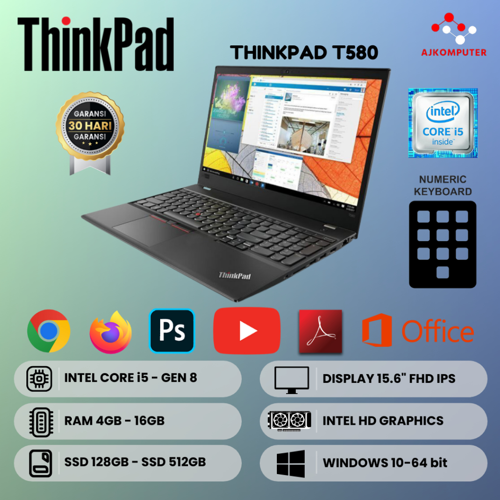 Jual LENOVO THINKPAD T580 INTEL CORE I5 GEN 8 15 INCH FHD IPS NUMLOCK 