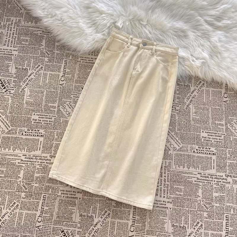 Jual Krem Rok Jeans Wanita Highwaist A-Line Celah Belakang Midi Rok ...