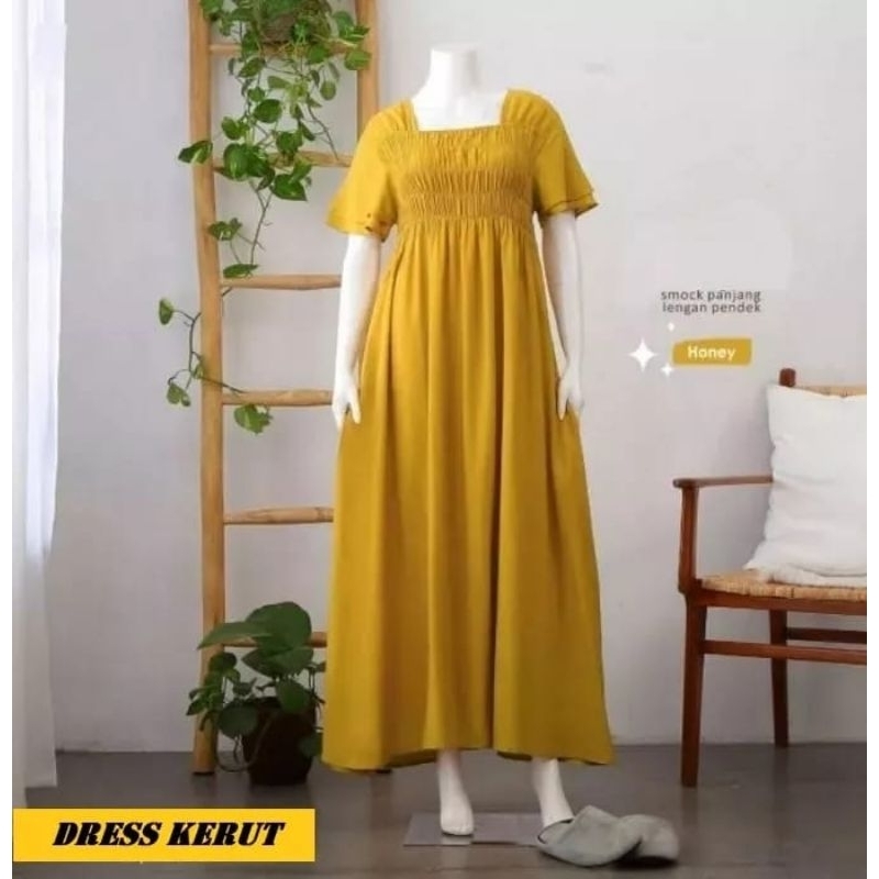 Jual Long dress daster smoke kerut dada polos | Shopee Indonesia