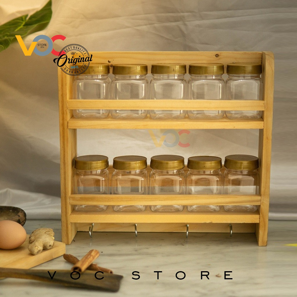 Jual Tempat Bumbu Kayu 2 Tingkat dengan 10 Toples Dapat Sticker Bumbu ...